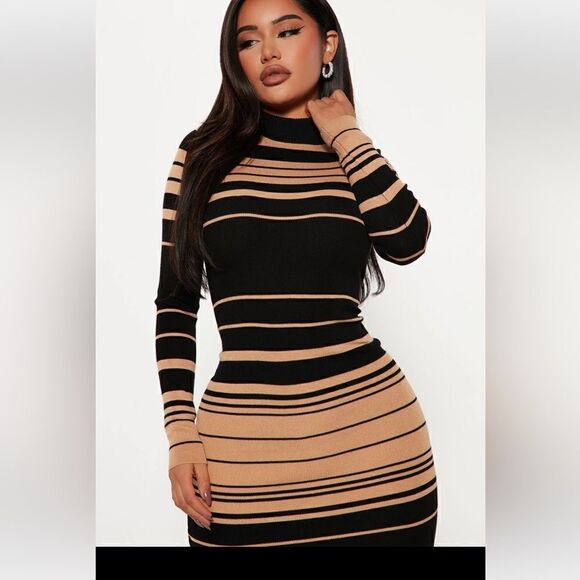 Just In Time Striped Midi Dress - Taupe/Combo - Picture 2 of 4